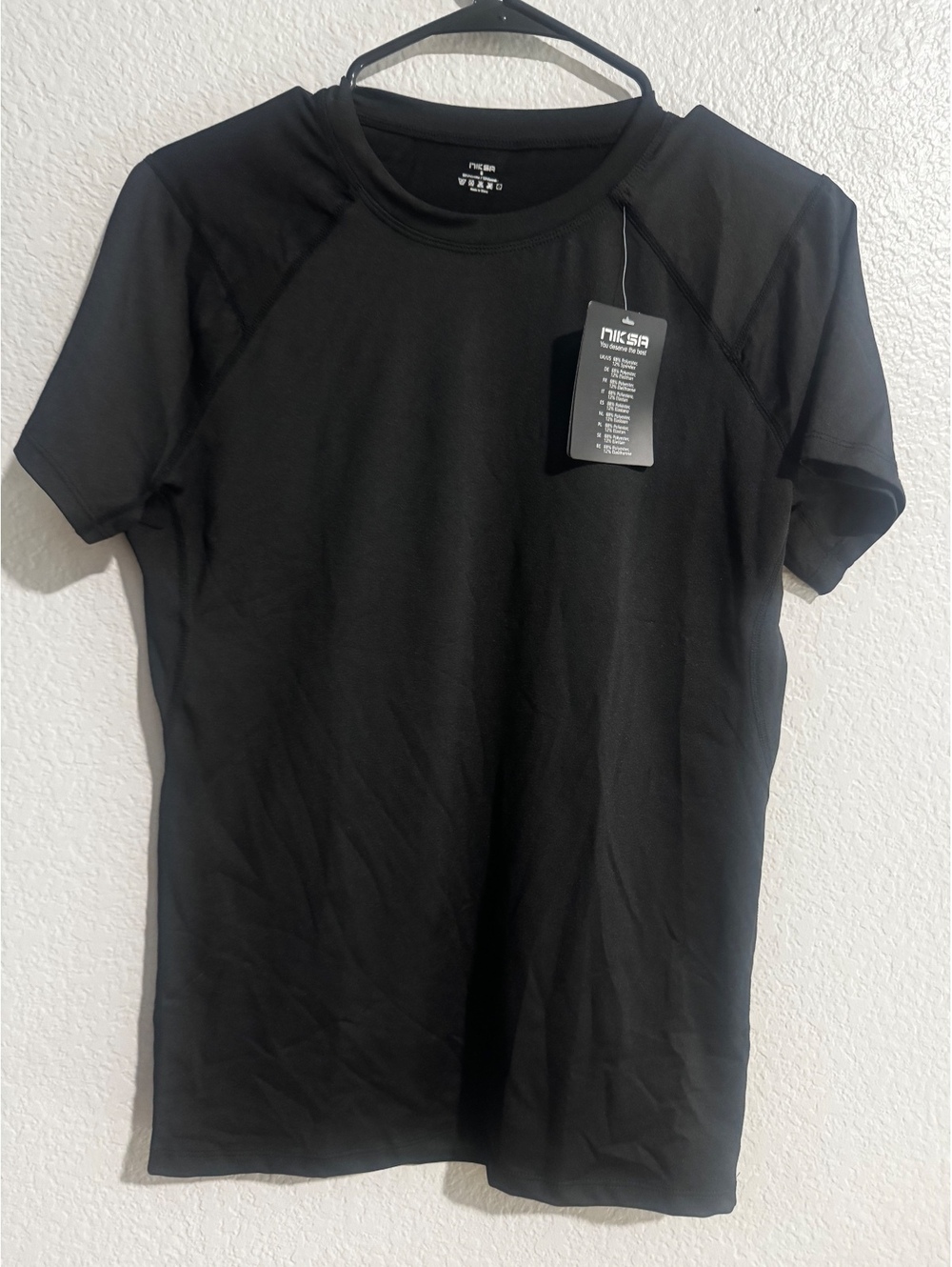 Niksa Black Short Sleeve Athletic T-Shirt, 88% Polyester 12% Spandex, Size UK/US
